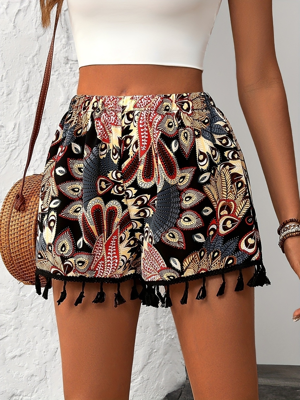 Boho Paisley Tassel Hem Elastic-Waist Shorts - Black- Full & Plus Sizes - Picture 4 of 10